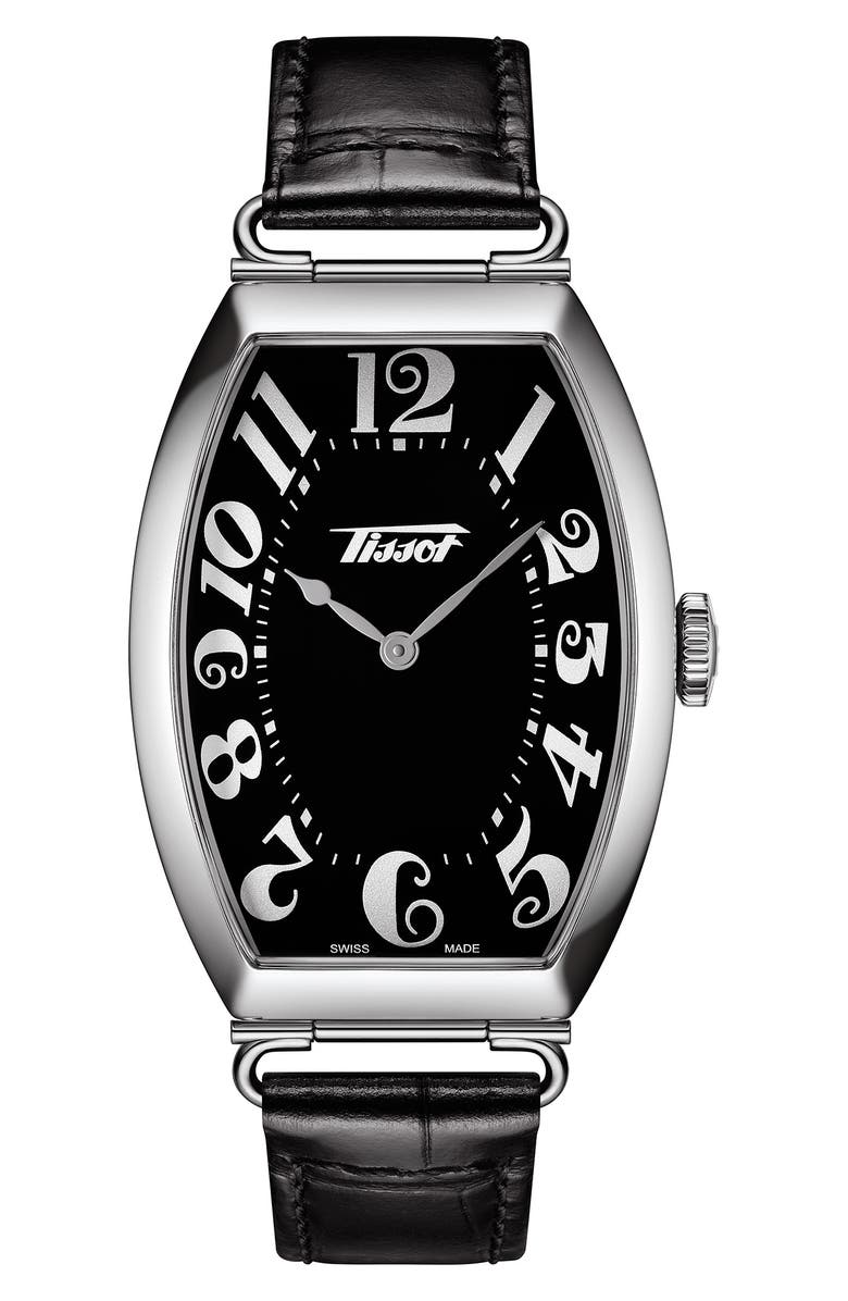 Tissot Heritage Porto Leather Strap Watch, 42.5mm x 31mm, Main, color, Black/ Silver