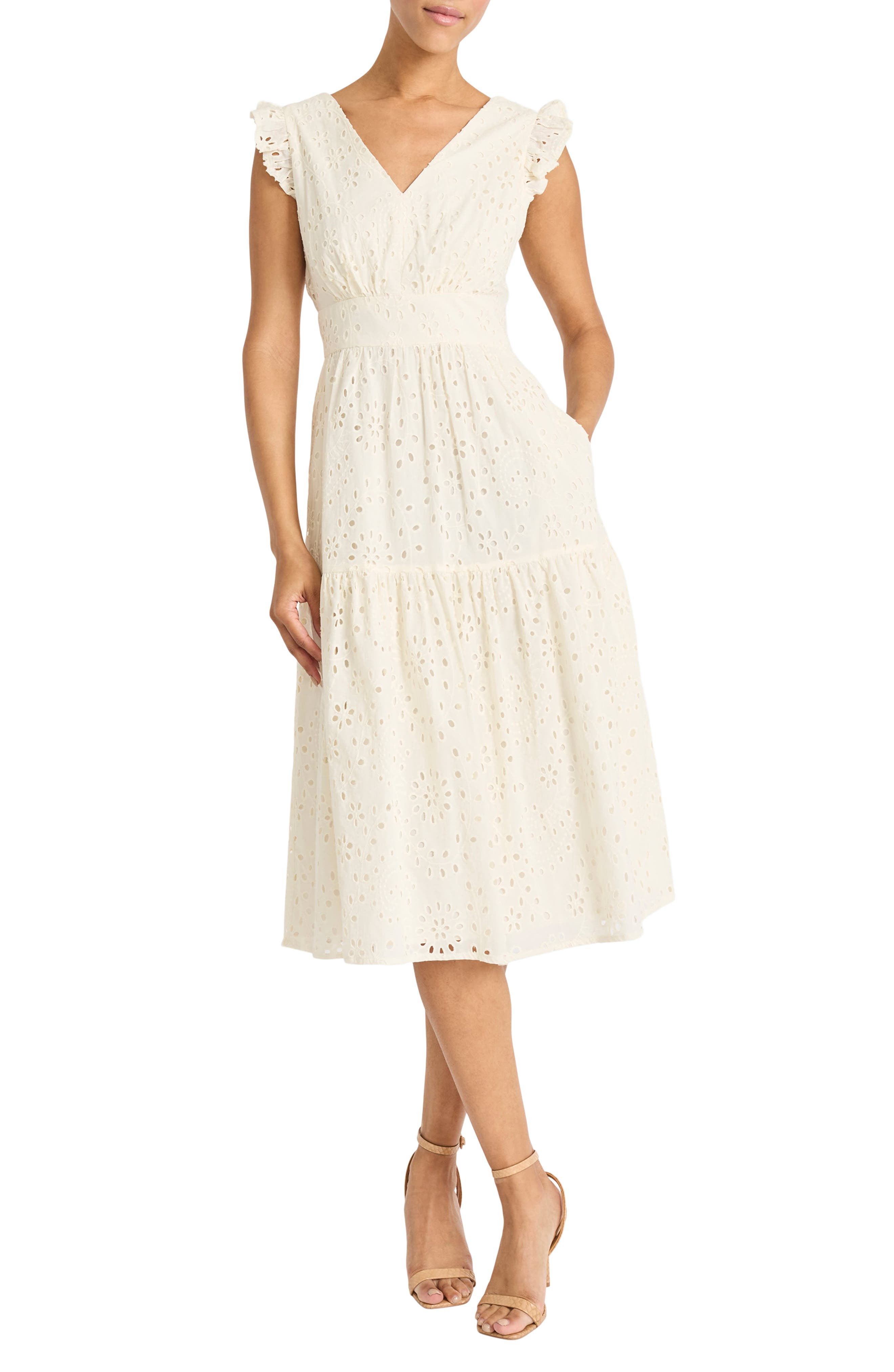 Maggy London Eyelet Ruffle Sleeve Tiered Dress