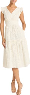 Maggy London Eyelet Ruffle Sleeve Tiered Dress