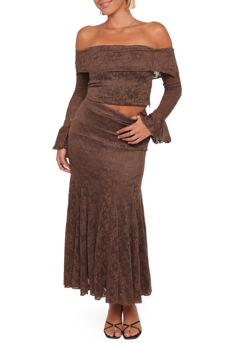 Bromley Lace Off the Shoulder Top & Maxi Skirt Set, Main, color, BROWN