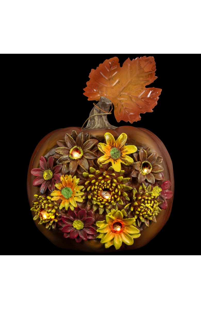 Northlight LED Lighted Solar Powered Floral Fall Harvest Pumpkin Outdoor Decoration - 8", Alternate, color, Brown