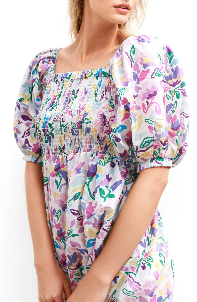 Jessie Zhao New York Violet Garden Smocked Cotton Silk Dress, Alternate, color, Purple