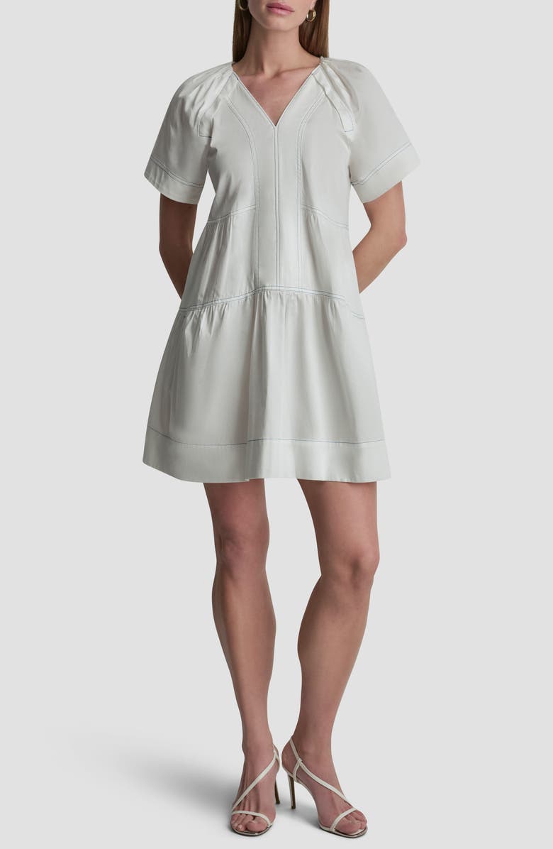 DKNY Topstitch Detail Stretch Cotton Tiered Minidress, Main, color, White