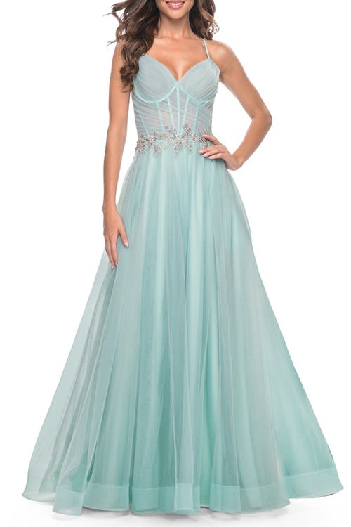 La Femme A-line Prom Gown With Ruched Bodice And Rhinestone Belt Detail