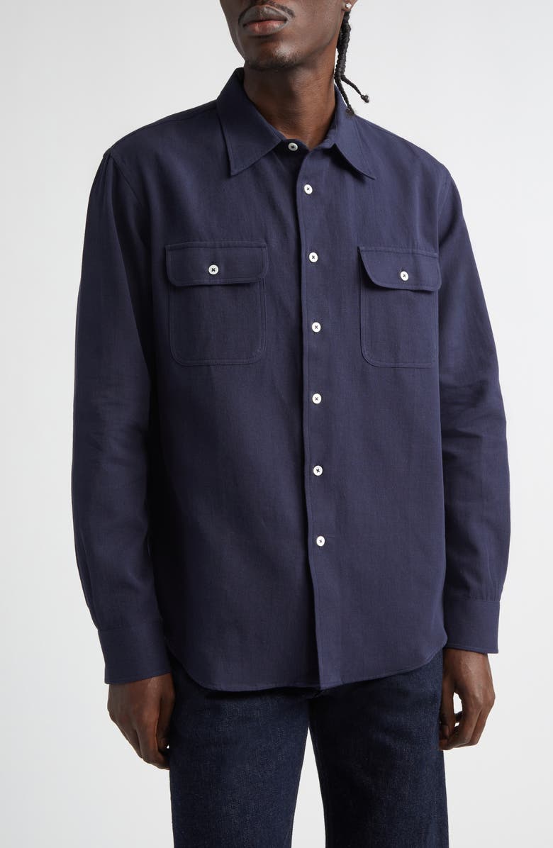 De Bonne Facture Artist Cotton & Hemp Button-Up Shirt, Main, color, Navy