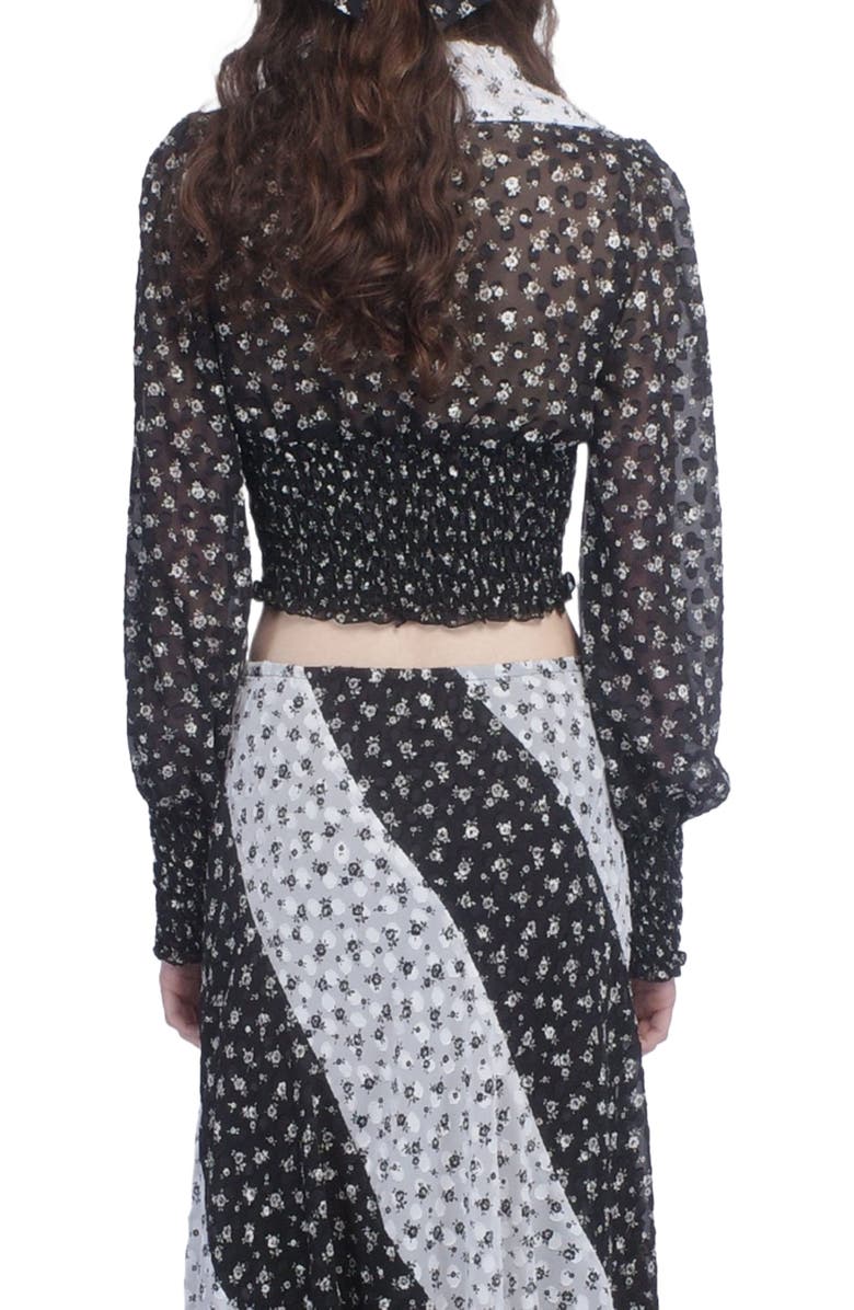 Anna Sui Ditsy Dot Chiffon Collared Smocked Top, Alternate, color, Black/White Multi