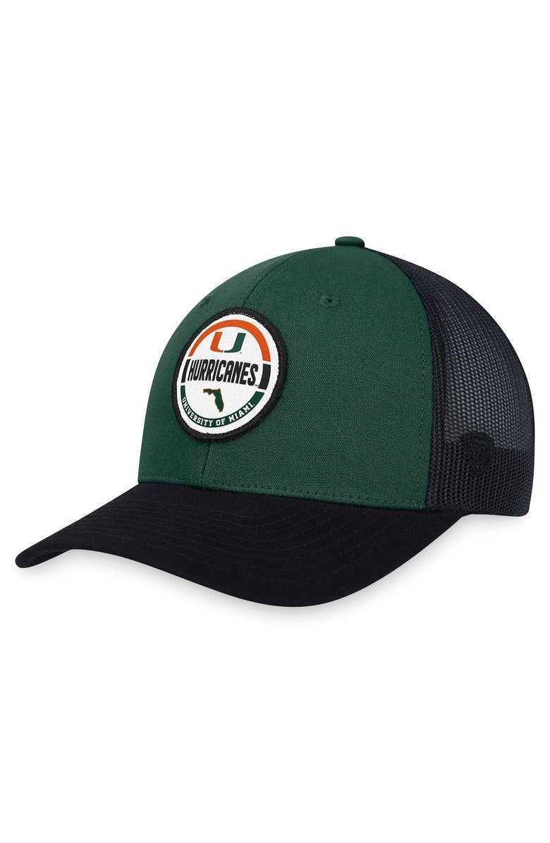 TOP OF THE WORLD Men's Top of the World Green Miami Hurricanes Trey Trucker Adjustable Hat, Main, color, 