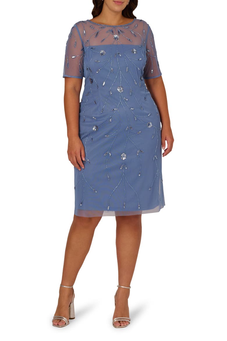 Beaded Mesh Sheath Dress, Main, color, FRENCH BLUE