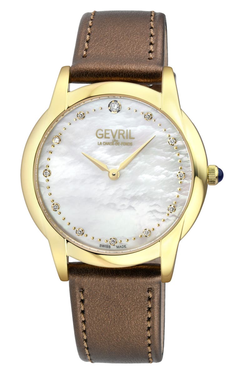 GEVRIL Airolo Swiss Quartz Diamond Dial Watch, 36mm, Main, color, White