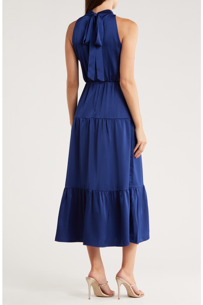 High Neck Fluid Satin Midi Dress, Alternate, color, NAVY