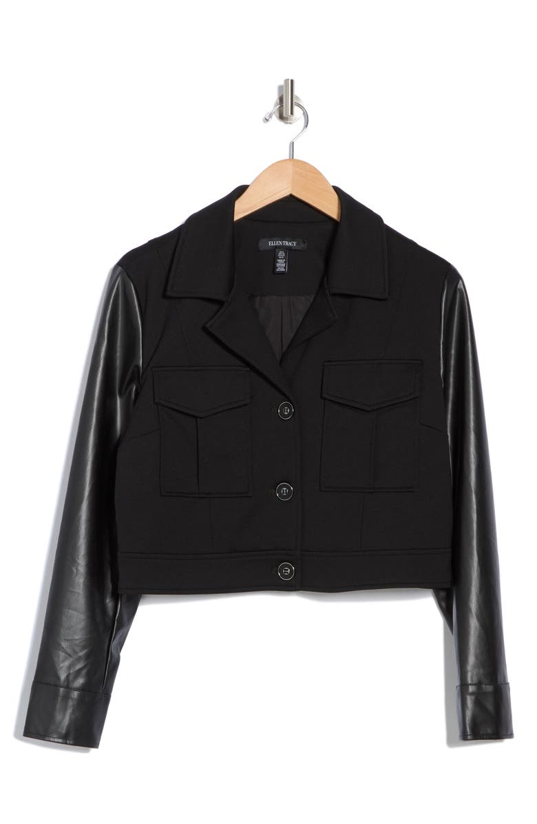 Ellen Tracy Faux Leather Trim Bomber Jacket, Alternate, color, Black