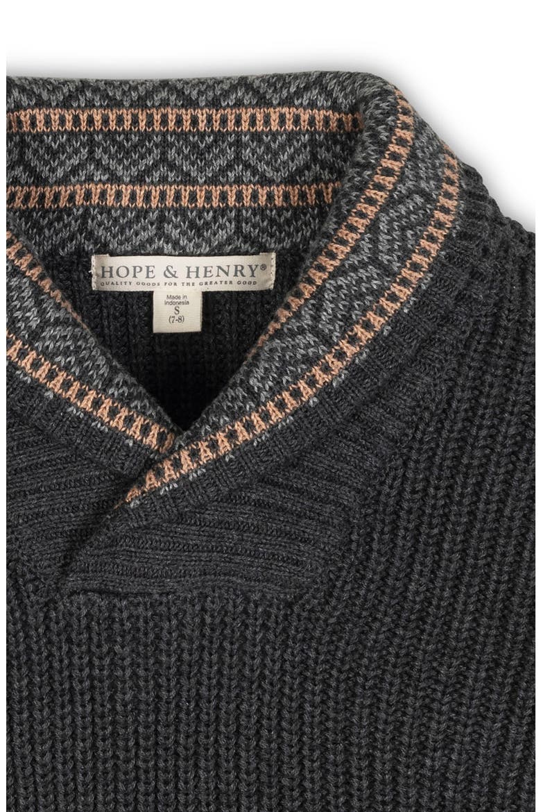 Kids' Organic Long Sleeve Shawl Collar Sweater with Intarsia Detail, Alternate, color, Charcoal Heather with Detail