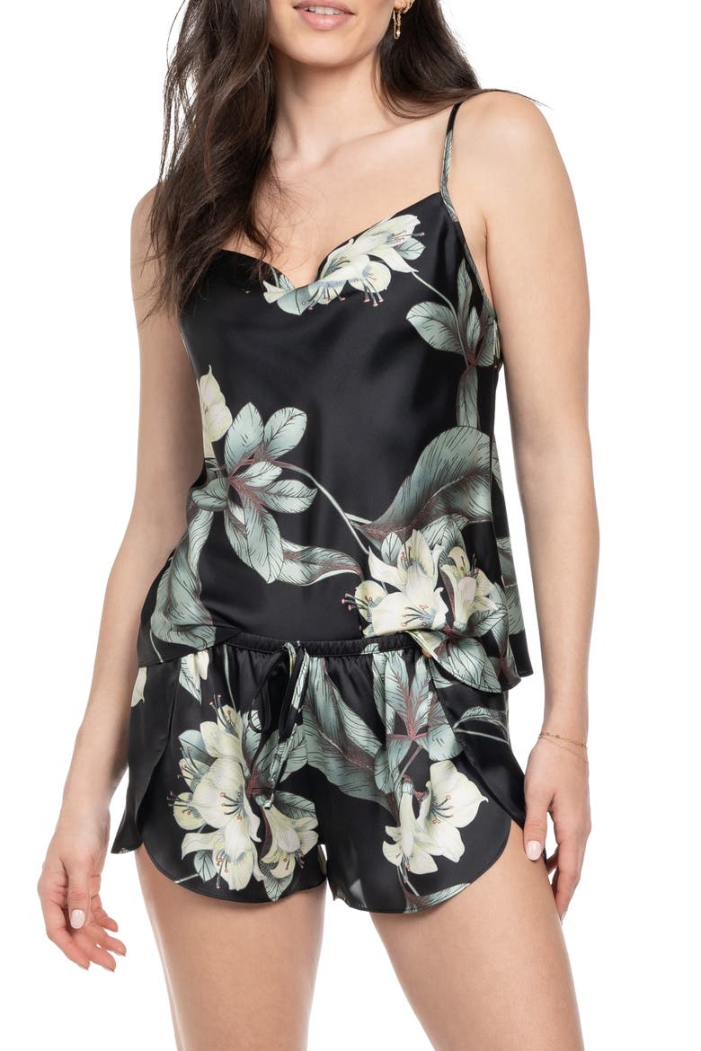Satin Camisole & Tap Shorts Pajamas, Alternate, color, BLACK
