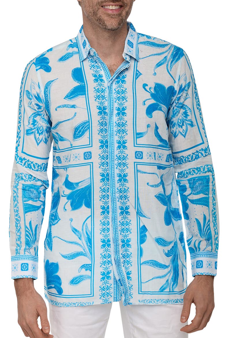 Extra Trim Fit Print Linen & Cotton Button-Up Resort Shirt, Main, color, BLUE