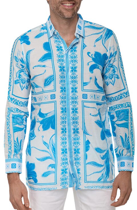 Extra Trim Fit Print Linen & Cotton Button-Up Resort Shirt