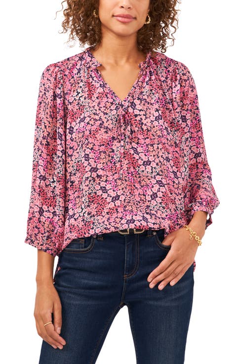 Floral Print Puff Shoulder Top (Petite)