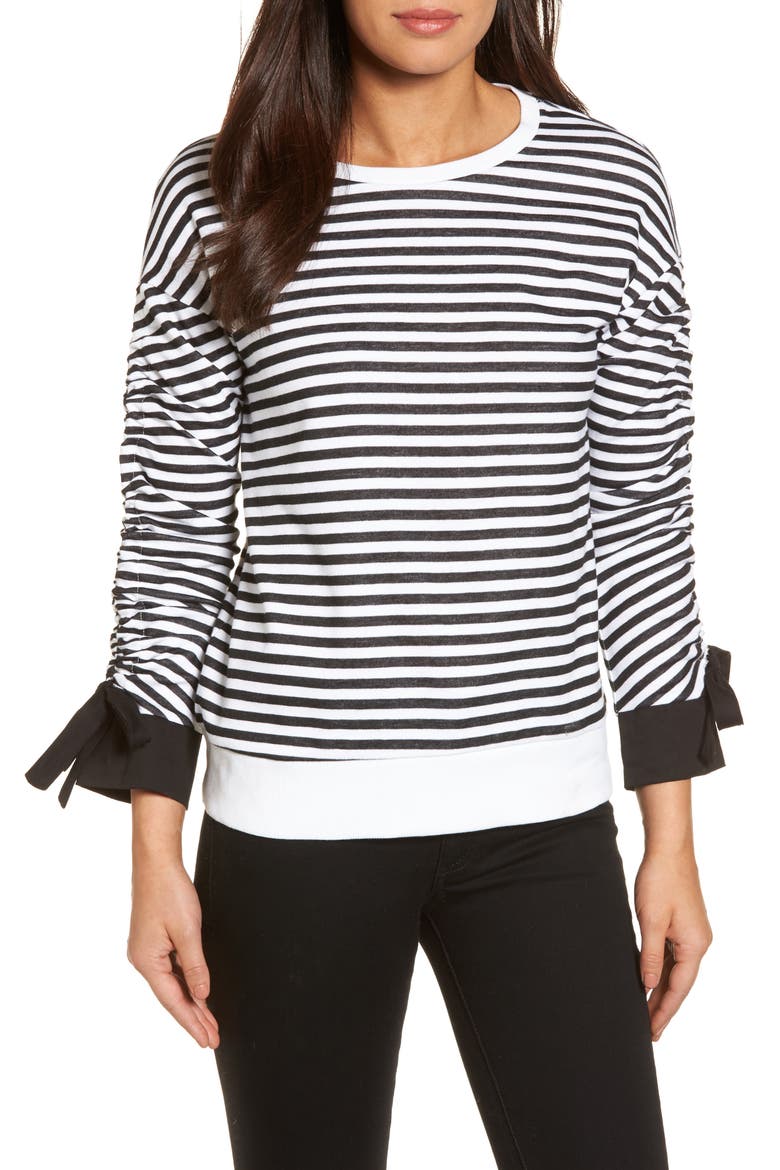Ruched Sleeve Poplin Trim Sweatshirt, Main, color, BLACK- WHITE STRIPE