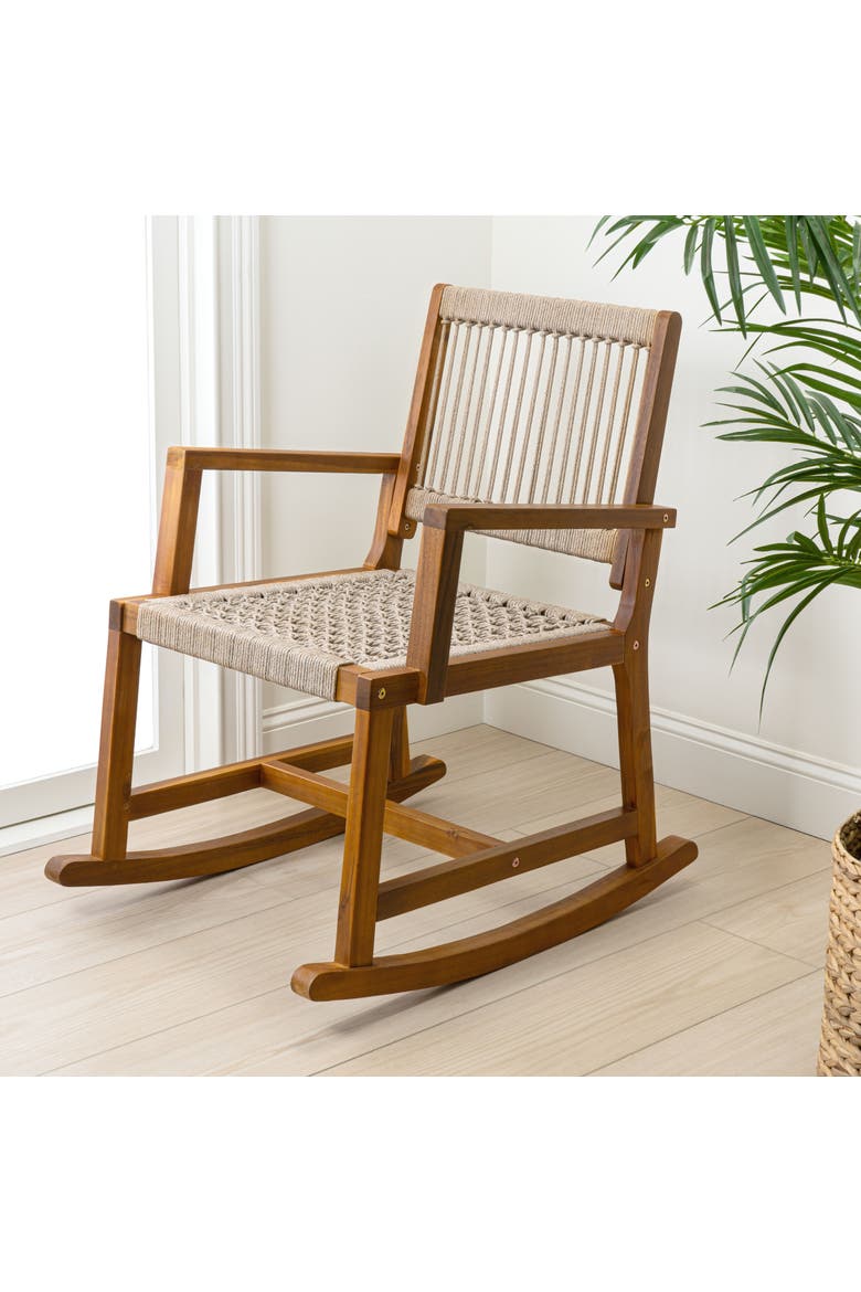Laguna Coastal Solid Acacia Wood and Woven Rope Indoor/Outdoor Rocking Armchair for Patio, Front Porch, or Living Room, Alternate, color, Beige