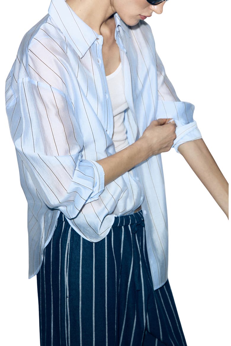 Stripe Sheer Button-Up Shirt, Alternate, color, SKY BLUE
