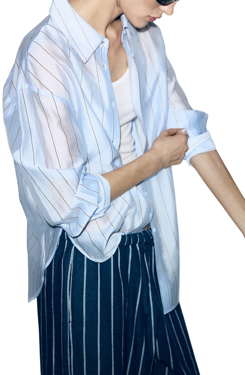 MANGO Stripe Sheer Button-Up Shirt, Alternate, color, Sky Blue
