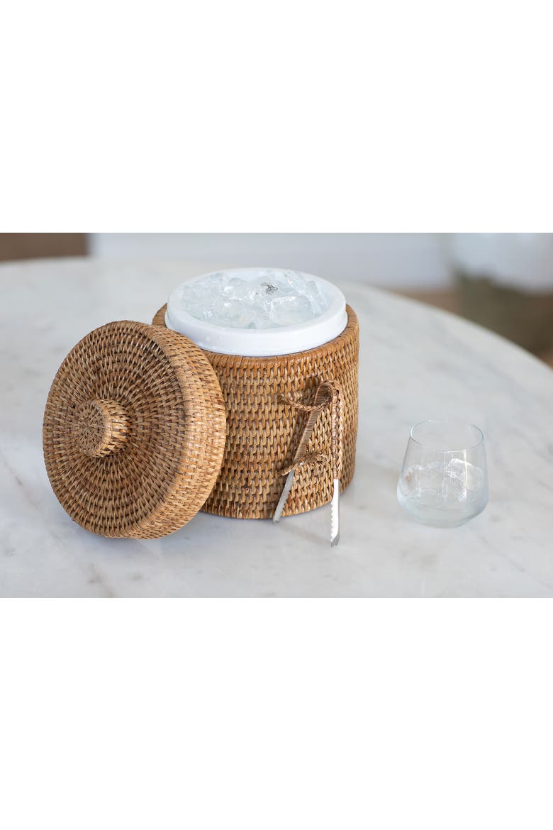 Artifacts Rattan Ice Bucket with Tongs, Alternate, color, Honey Brown