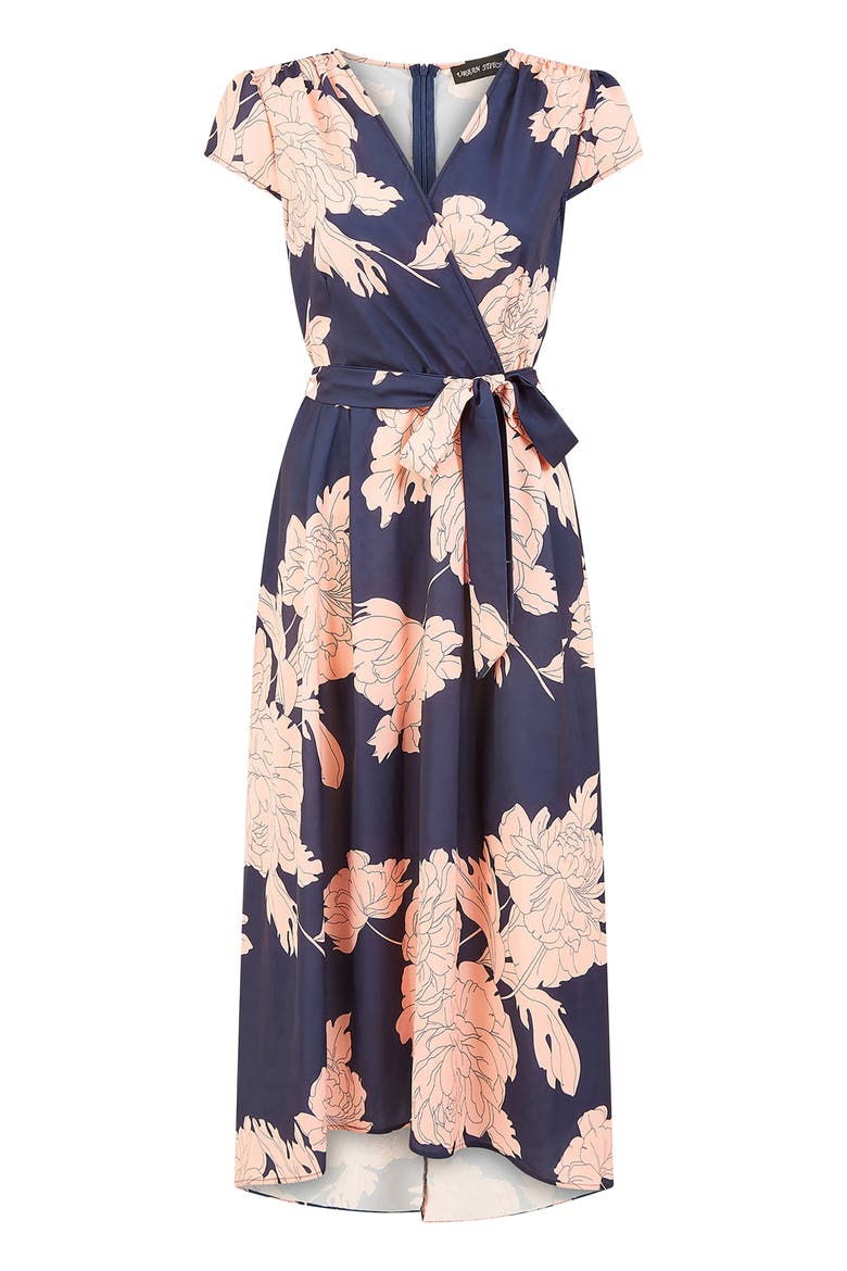 Blossom Print Dipped Hem Wrap Midi Dress, Alternate, color, Navy