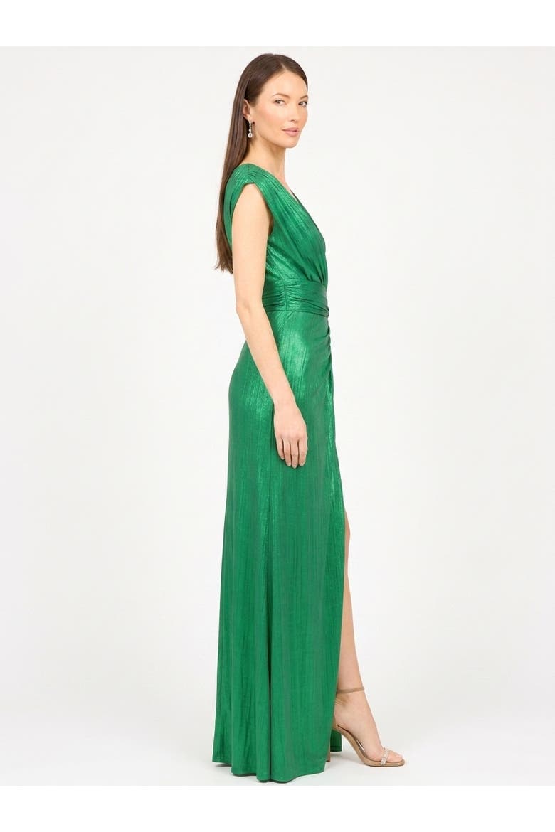 V-Neck Metallic Dress with Slit, Alternate, color, Green