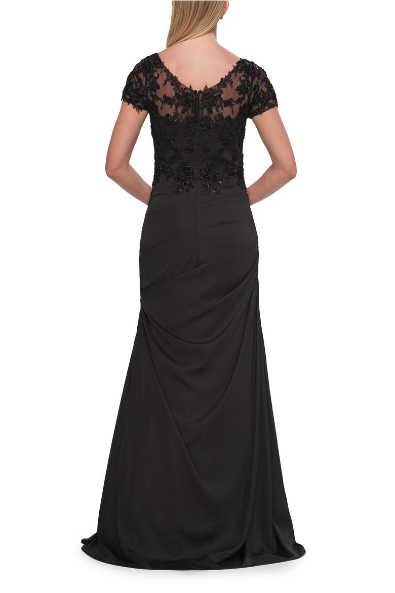 Ruched Satin Gown with Lace Cap Sleeves, Alternate, color, Black