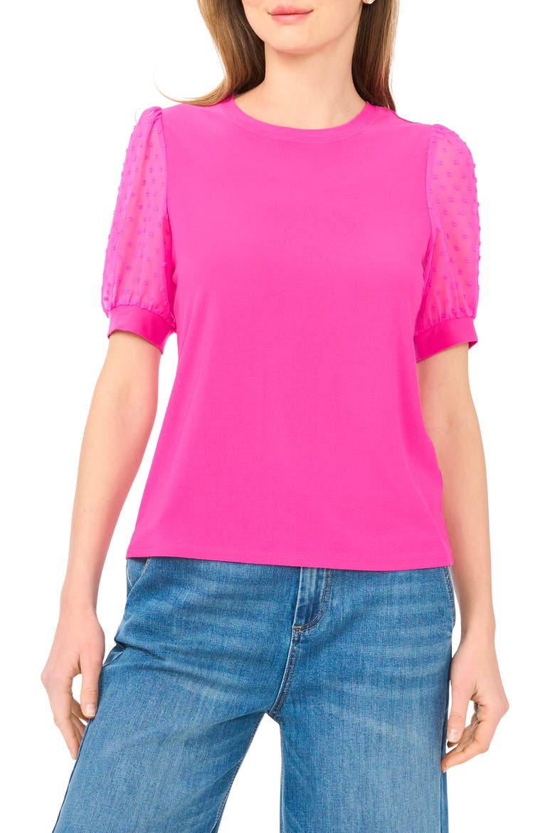 Clip Dot Puff Sleeve Top, Main, color, FIERCELY FUCHSIA