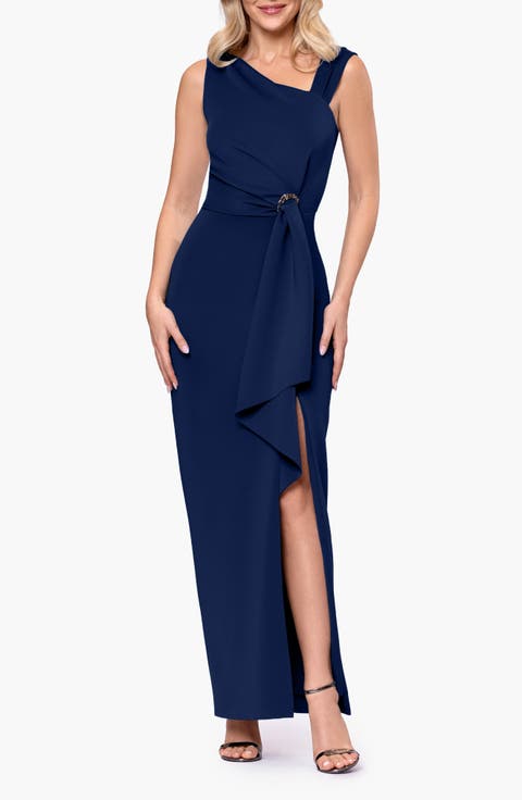 Asymmetric Neck Ruffle Detail Scuba Crepe Gown