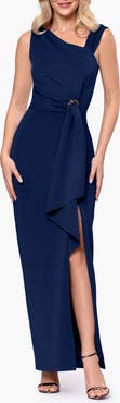Betsy & Adam Asymmetric Neck Ruffle Detail Scuba Crepe Gown