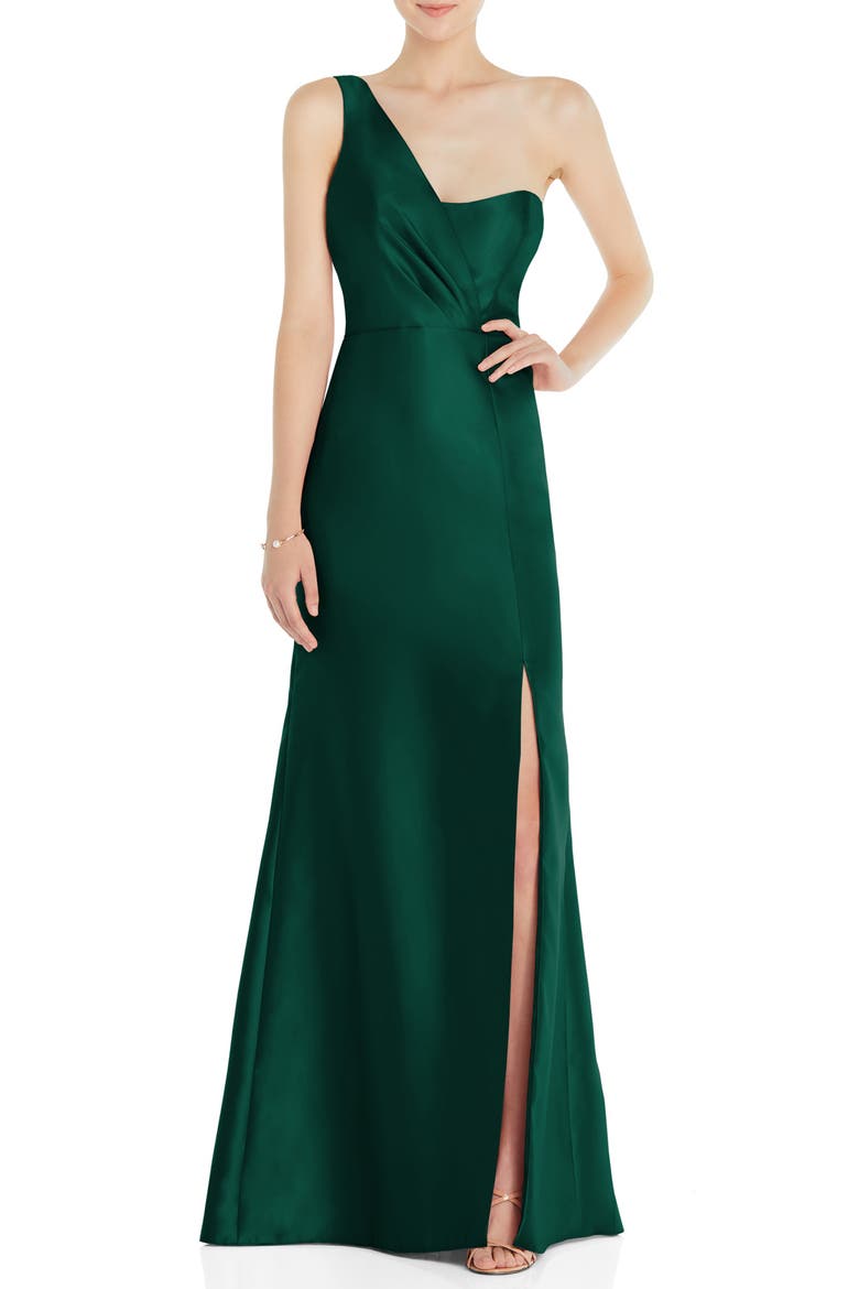 One-Shoulder Satin Twill Trumpet Gown, Main, color, HUNTER GREEN