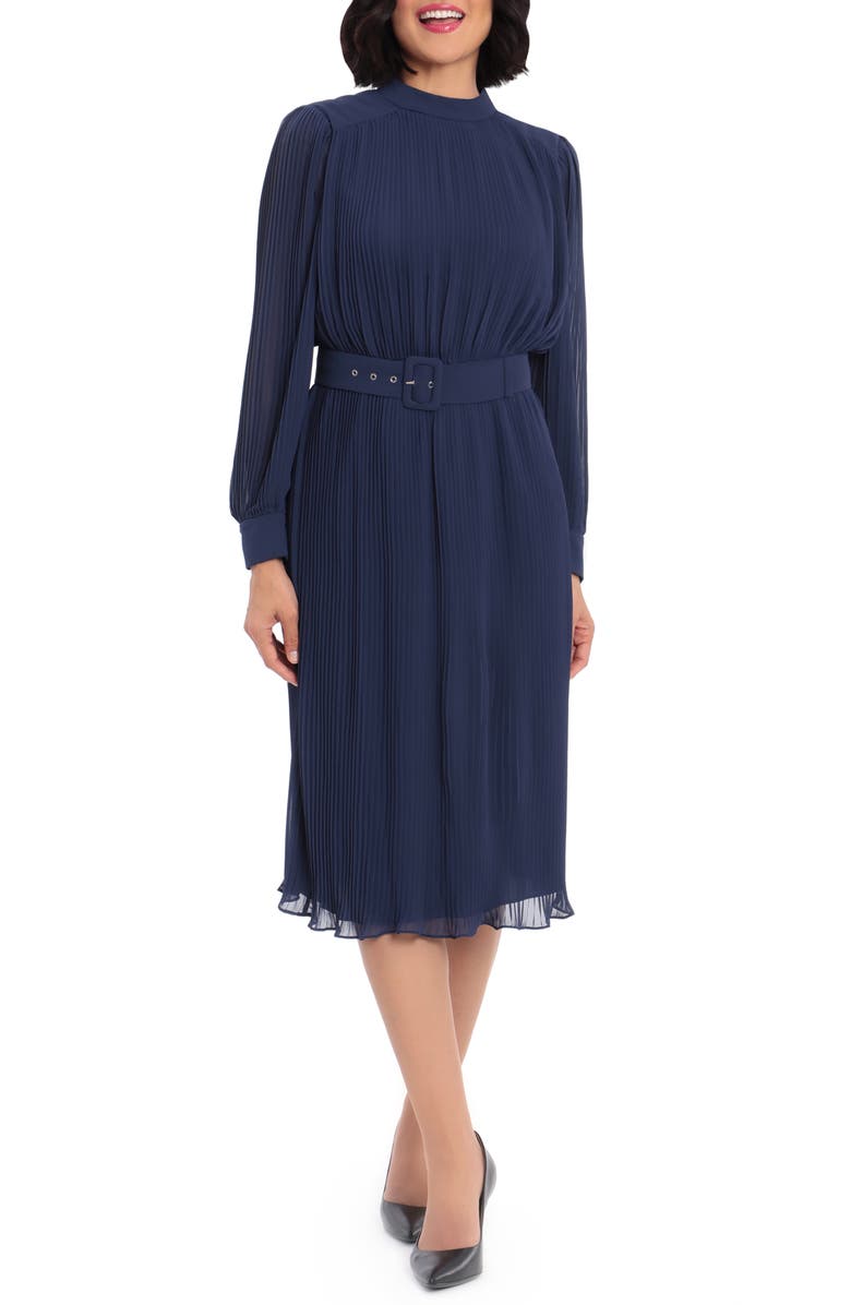 Maggy London Pleated Chiffon Long Sleeve Midi Dress, Main, color, 
