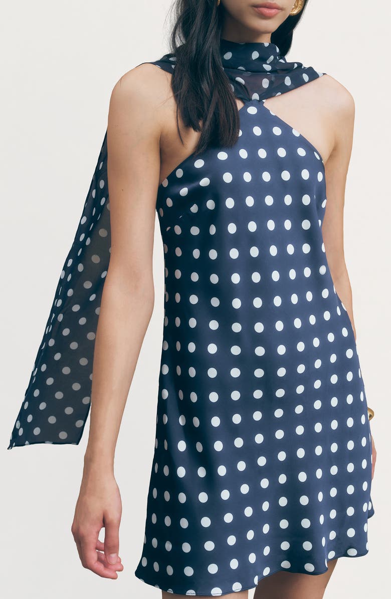 MAUDE CLUB Hendrix Polka Dot Halter Neck Minidress with Removable Scarf, Alternate, color, Navy White Dots