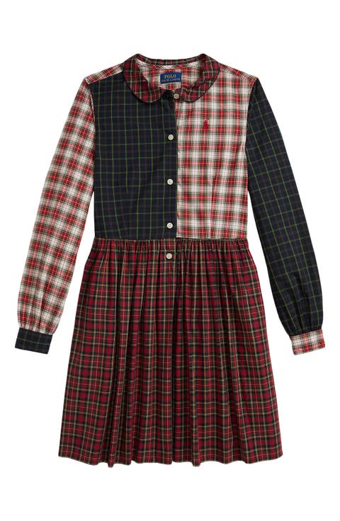 Kids' Long Sleeve Plaid Cotton Poplin Shirtdress (Big Kid)