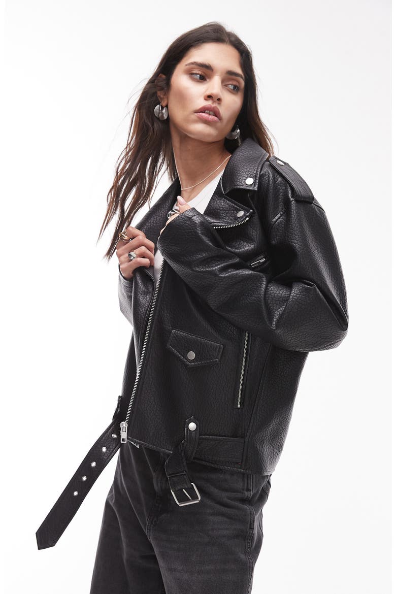 Oversize Faux Leather Biker Jacket, Main, color, BLACK