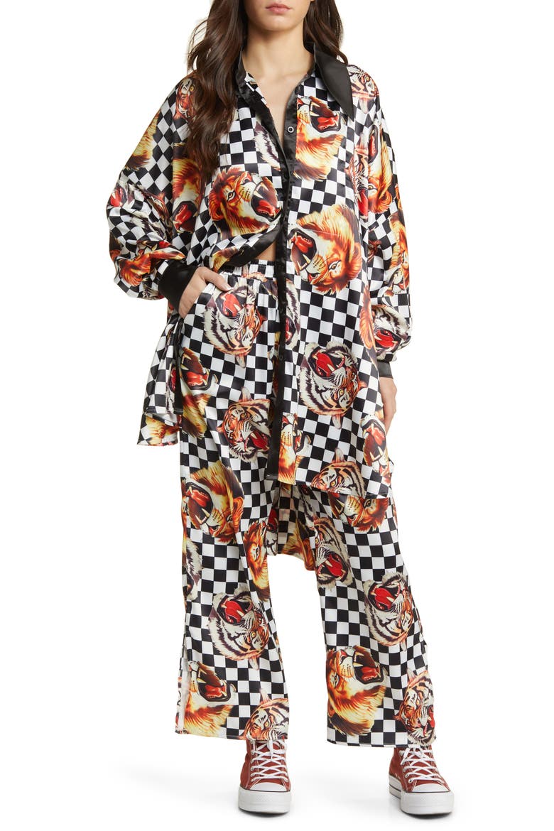 Posh Lions Oversize Satin Top & Pants Set, Main, color, LION TIGERS AND CHECKS