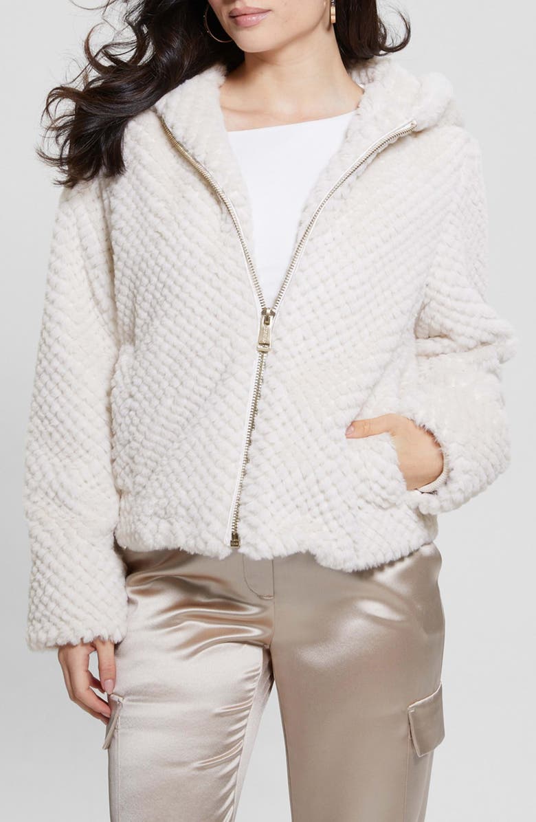 GUESS Theoline Faux Fur Hooded Jacket, Main, color, Muted Stone