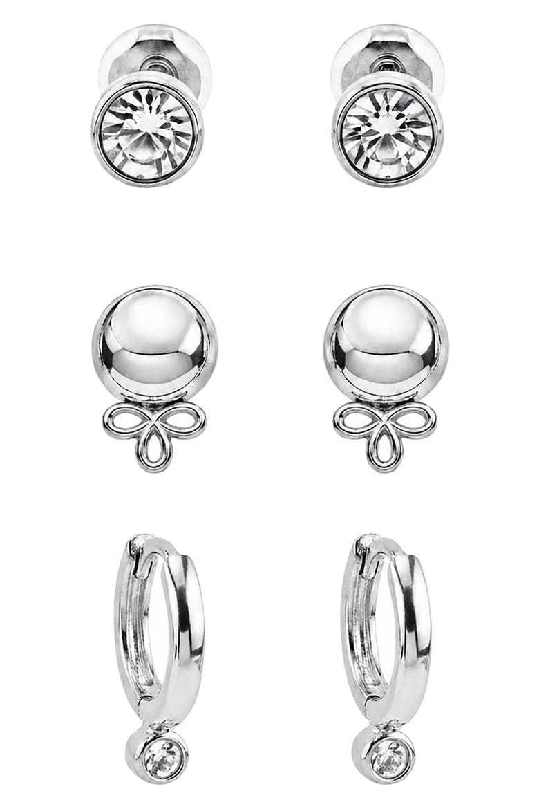 Set of 3 Cubic Zirconia Stud & Huggie Hoop Earrings, Main, color, CLEAR/ SILVER