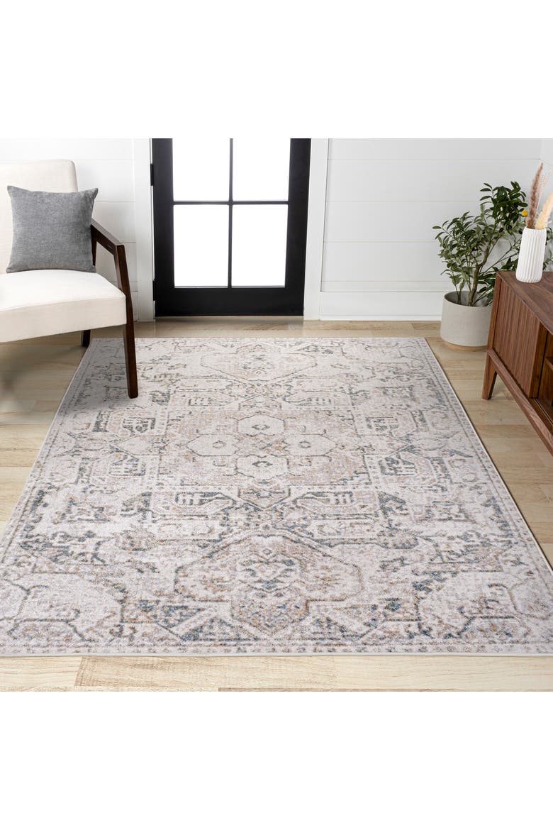Edith Distressed Medallion Low-Pile Machine-Washable Area Rug, Alternate, color, Cream/Light Gray