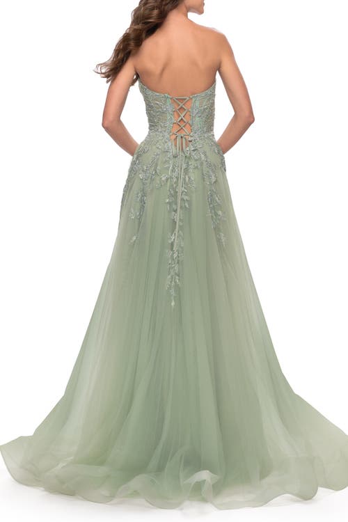 La Femme Sweetheart Tulle Strapless Gown With Lace Applique