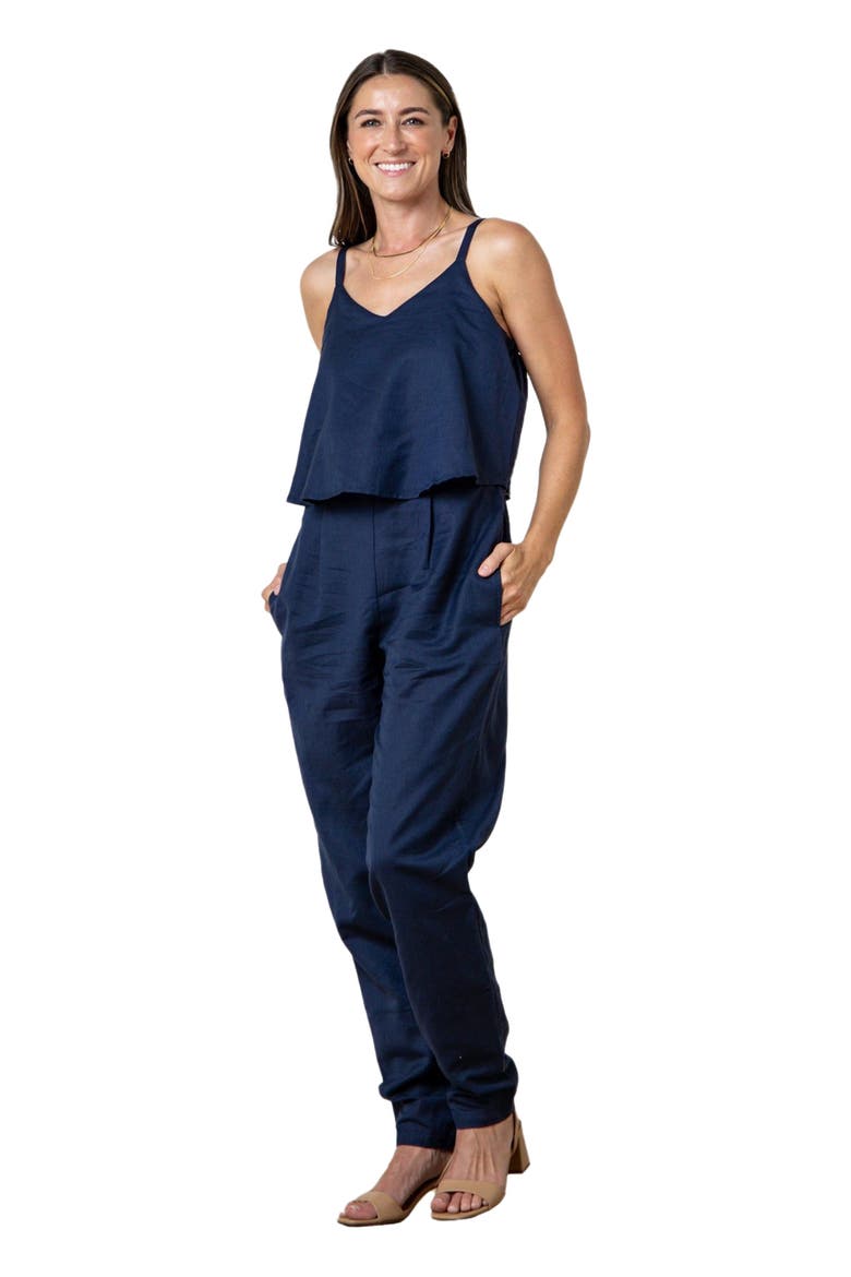 Women's Sleeveless Faux Top Jumpsuit, Main, color, Navy Linen