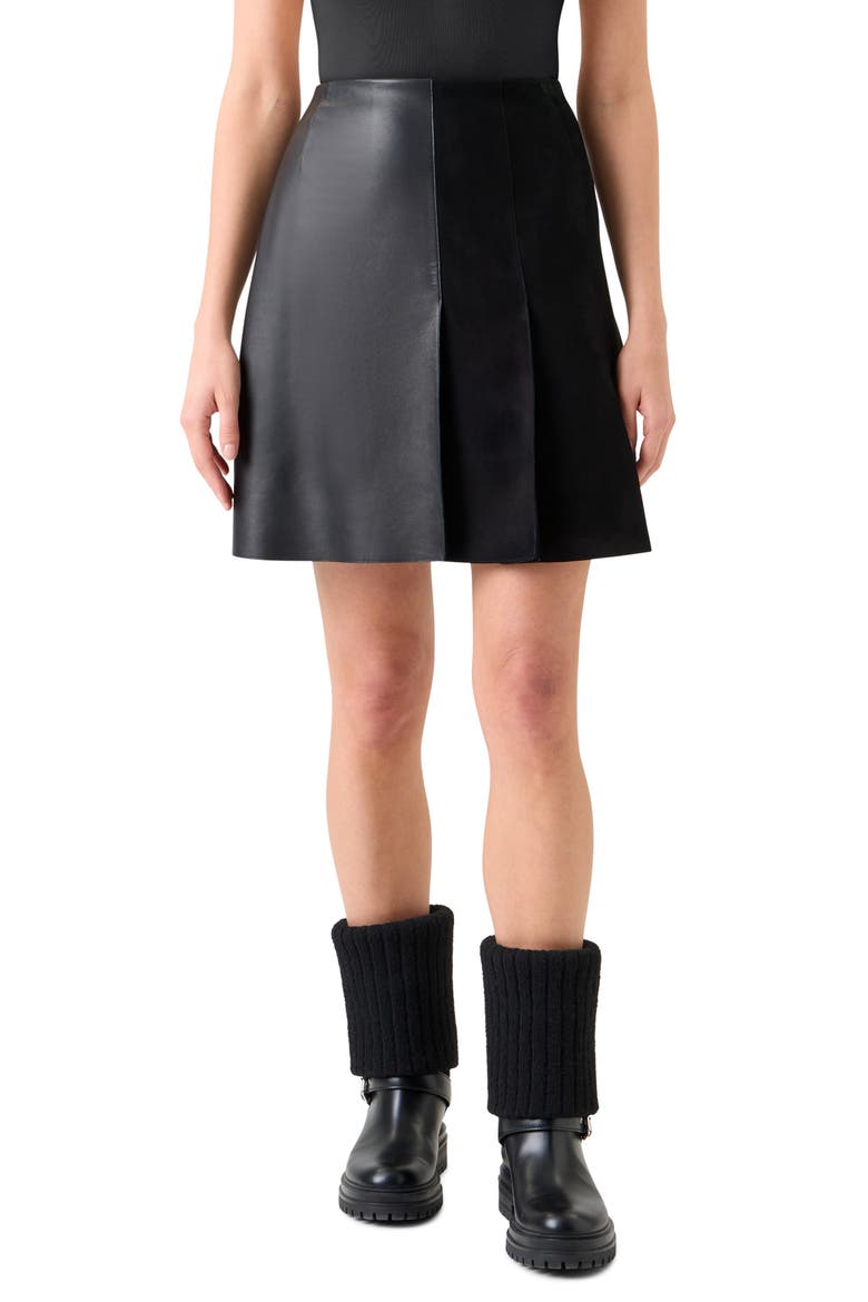 Mixed Media Pleated Leather Skirt, Main, color, BLACK