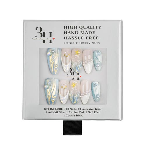 3h Nails Handmade Soft-blue Almond Press-on Nails With 3d Water Details & Pearls