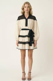 Modenaire Contrast Trim Mini Dress with Waist Tie and Tiered Skirt