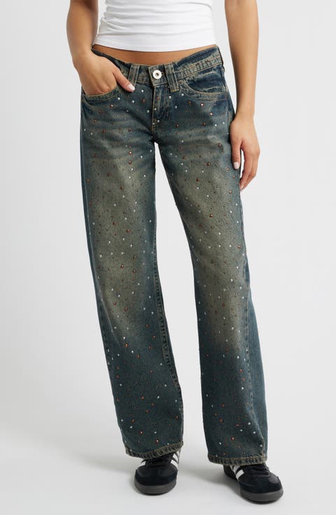 Kayla Studded Low Rise Wide Leg Jeans