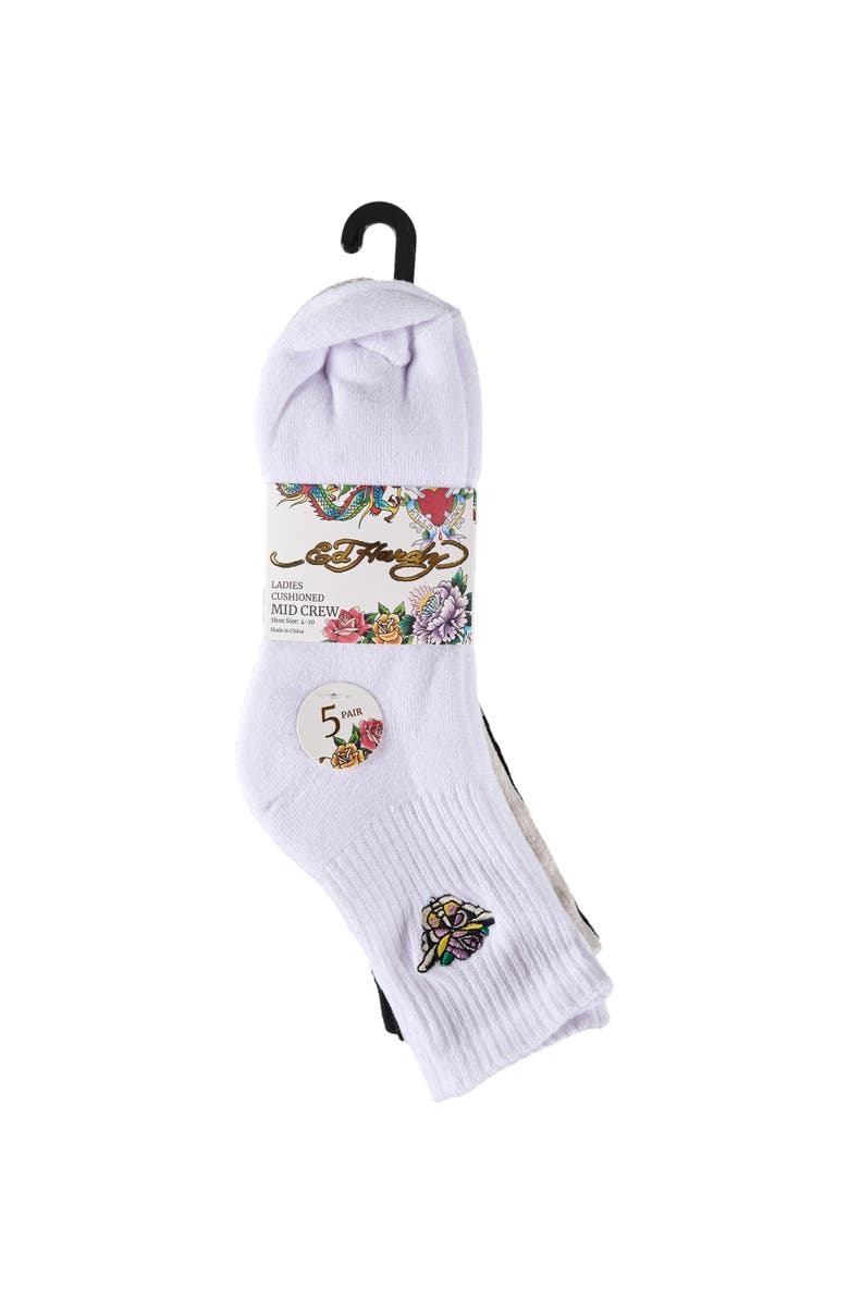 Ed Hardy Womens Flower Embroidery Half Cushion Mid Crew Sock 5-Pack, Alternate, color, White Multi