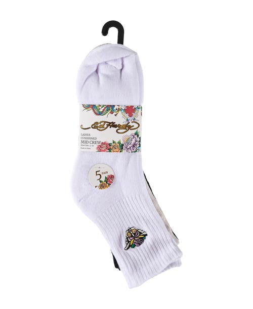 Ed Hardy Womens Flower Embroidery Half Cushion Mid Crew Sock 5-pack In Multi