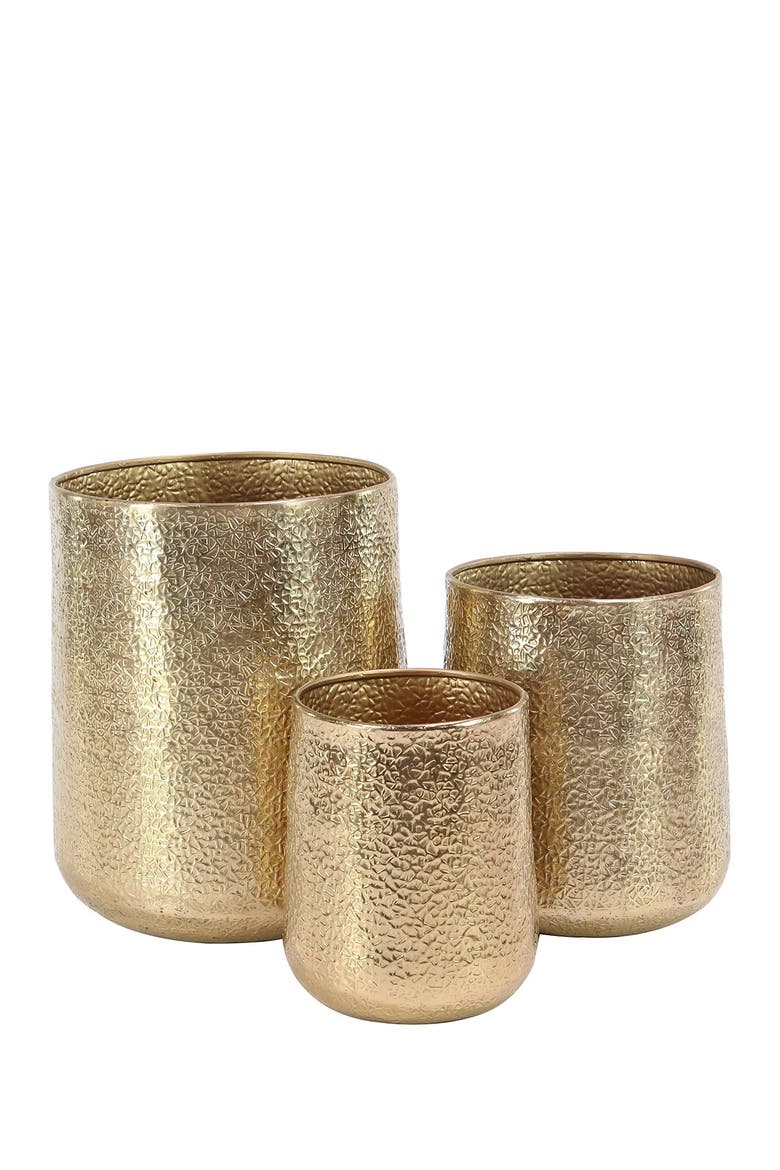 Goldtone Aluminum Indoor & Outdoor Planter with Hammered Design - Set of 3, Main, color, GOLD