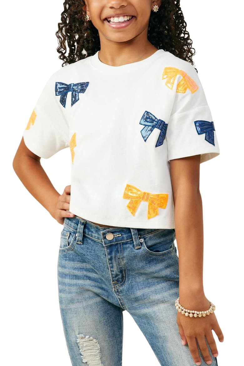 Kids' Gameday Sequin Bow Graphic T-Shirt, Main, color, WHITE/ ORANGE/ BLUE
